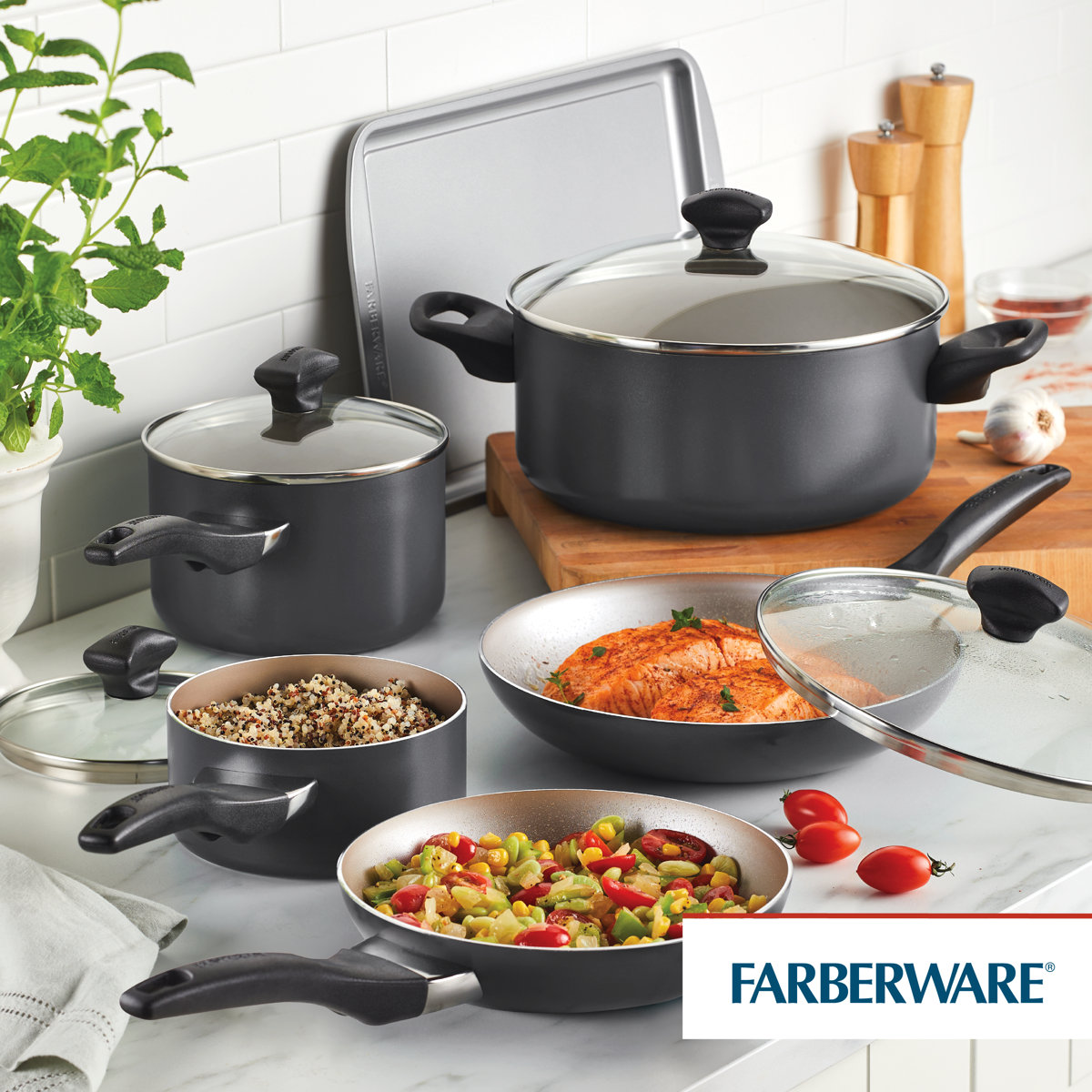 Farberware Dishwasher Safe Aluminum Nonstick Cookware Pots and Pans Set, 15-Piece, Pewter